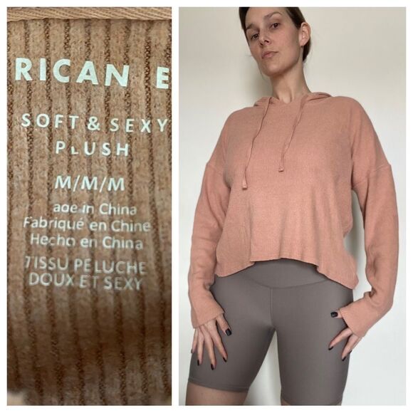 American Eagle Ribbed Hoodie Pullover Super Soft Peach Medium Athleisure - Picture 4 of 11